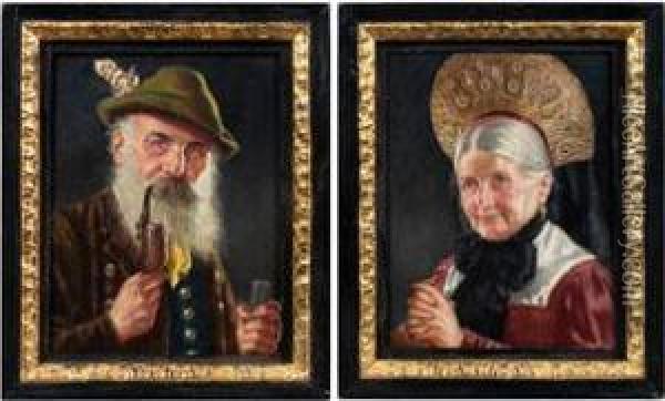 Paar Brustportraits Eines Bayerisches Altbauernpaars In Tracht Oil Painting - Theodor Recknagel