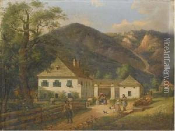 Ferme Autrichienne Au Pied De Montagnes Oil Painting - Joseph Ginowsky