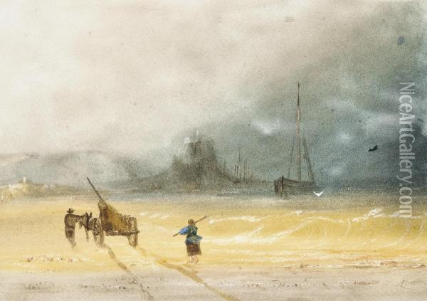 Seaweed Gatherers On The Beach Before Gorey Castle, Jersey Oil Painting - John Le Capelain