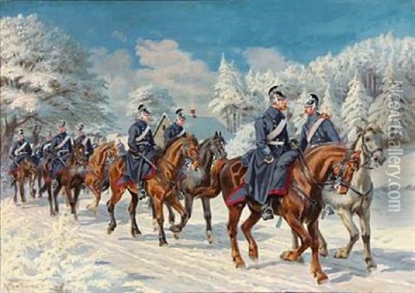 Dragoons On Horseback In A Winter Landscape Oil Painting - Karl Frederik Christian Hansen-Reistrup