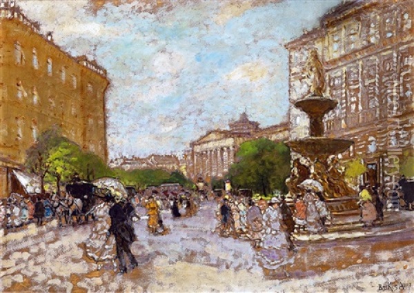 The Kalvin Square With The National Museum In The Background, 1917 Oil Painting - Antal Berkes