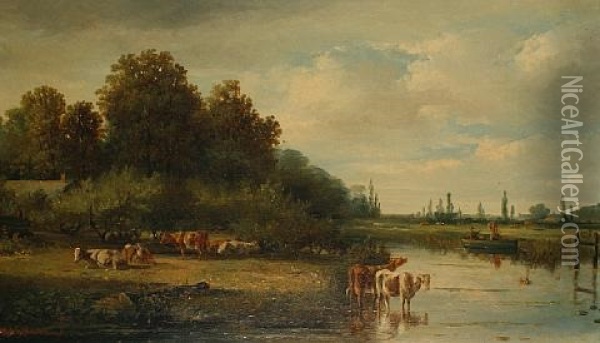 Cattle Watering (+ Another, Similar; Pair) Oil Painting - Hermanus Jan Hendrik Rijkelijkhuysen