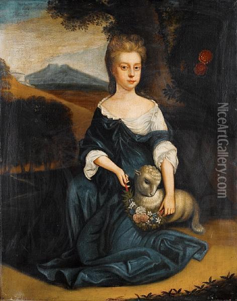 Portrait Of A Girl, Full-length, In A Silkblue Gown, As Saint Agnes Oil Painting - Michael Dahl