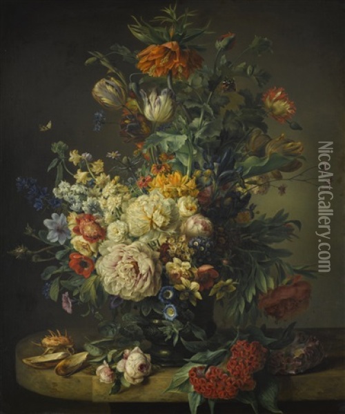 Still Life With Roses, Tulips And Imperial Fritillary Oil Painting - Anton Weiss