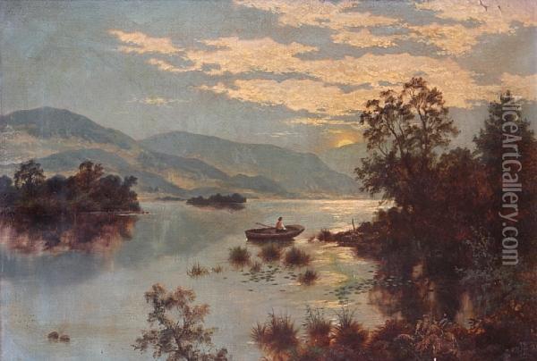 Coastal Scene With Man In Rowboat At Sunrise Oil Painting - Edgar Longstaffe