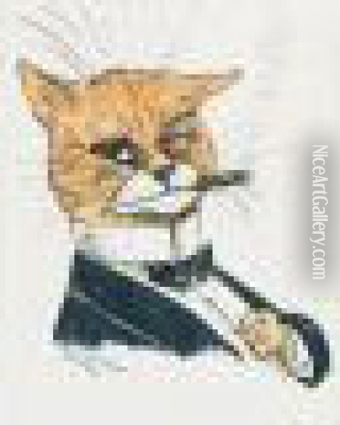 A Humorous Cat Smoking And Dressed In A Evening Suit And Dicky Bow. Oil Painting - Louis William Wain