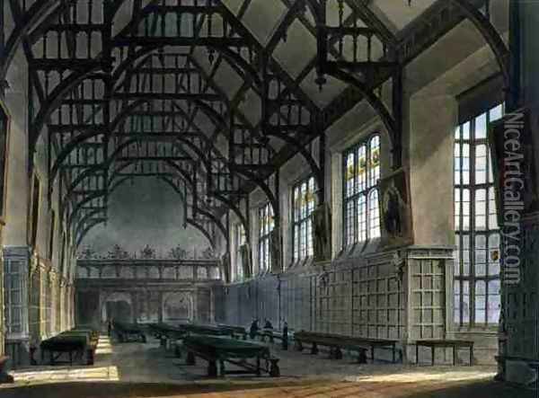 The Hall of Trinity College, Cambridge, from The History of Cambridge, engraved by J. Bluck fl.1791-1831, pub. by R. Ackermann, 1815 Oil Painting - Augustus Charles Pugin