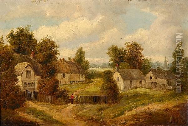 Figure On A Path By Cottages Oil Painting - A.H. Vickers