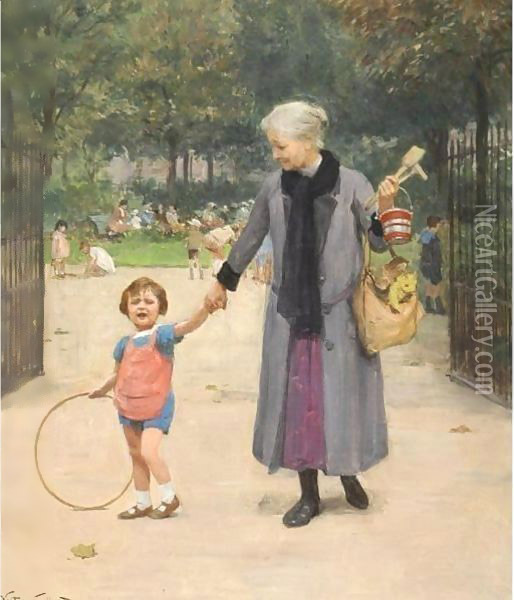 In The Park With Grandmother Oil Painting - Victor-Gabriel Gilbert