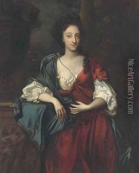 Portrait of a lady, standing three-quarter length, wearing a red and white dress with a blue wrap, her right arm on a ledge with an urn Oil Painting - Sir Godfrey Kneller