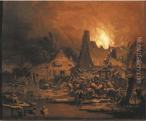 Villagers Putting Out A Cottage Fire At Night Oil Painting - Egbert van der Poel