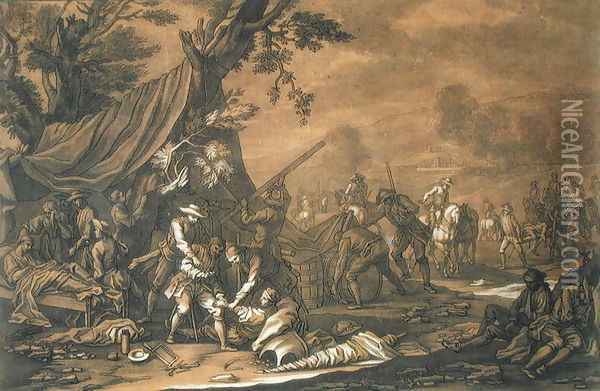 Transporting the Injured after the Battle, 1698, engraved by Christian Rugendas 1708-81 c.1740 Oil Painting - Rugendas, Georg Philipp I