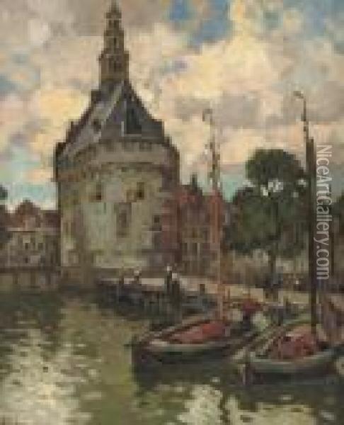 Moored Sailing Vessels Near The Hoofdtoren, Hoorn Oil Painting - Bernard, Ben Viegers