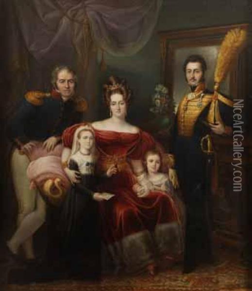 Retrato De La Familia De Don Gaspar Soliveres, De Cuerpo Entero, En Un Salon Oil Painting - Jose Aparicio Inglada
