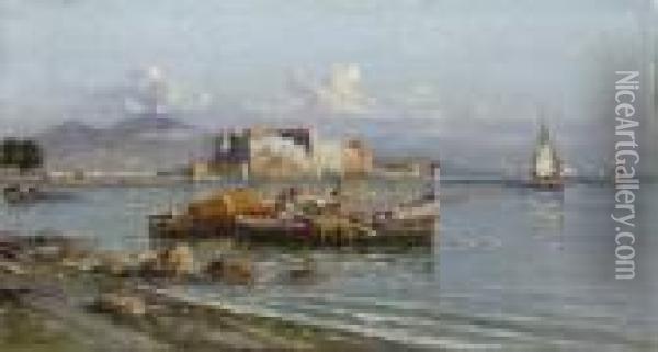 Veduta Del Vesuvio E Del Maschio Angioino Con Pescatori Oil Painting - Giuseppe Carelli