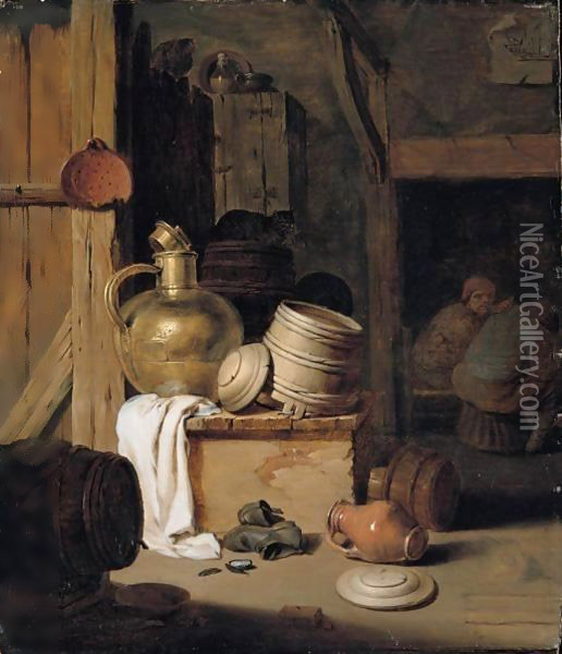 A Barn Interior With A Still Life Of Various Pots, Barrels, And Baskets With A Cat, Boors Seated Beyond Oil Painting - Hendrick Maertensz. Sorch (see Sorgh)