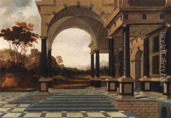 An Architectural Capriccio Of A Portico, With An Extensive Italianate Landscape Beyond Oil Painting - Dirck Van Delen