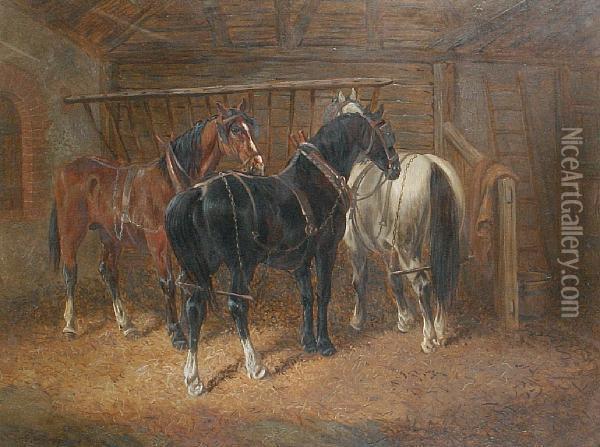 Horses In A Stable Oil Painting - John Frederick Herring Snr