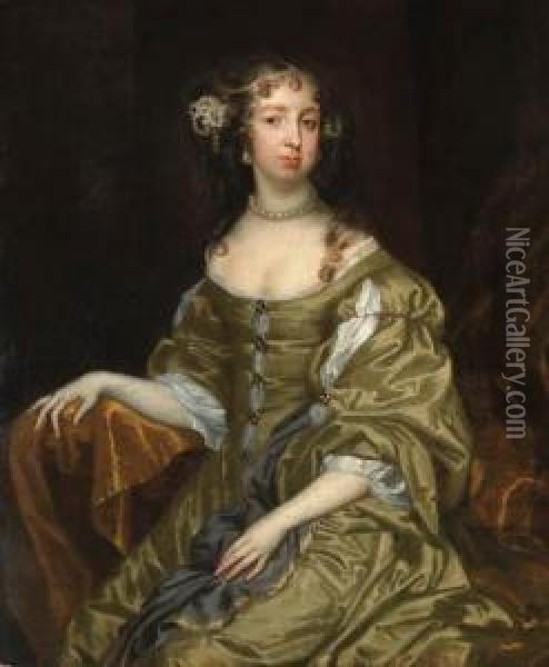 Portrait Of Lady Cotton, Three-quarter Length, Seated, In A Greenand White Satin Dress Oil Painting - Jacob Huysmans