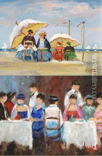 Afternoon At The Beach; A Stroll In The Park;the Birthday Party Oil Painting - Georges Ascher