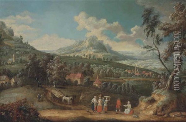An Extensive Mountainous Landscape With Figures Conversing And Horses Pulling A Hay Wagon On A Path, A Village Beyond Oil Painting - Jean Francois de Wouters