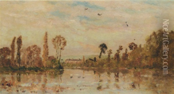 An Extensive River Landscape Oil Painting - Hippolyte Camille Delpy