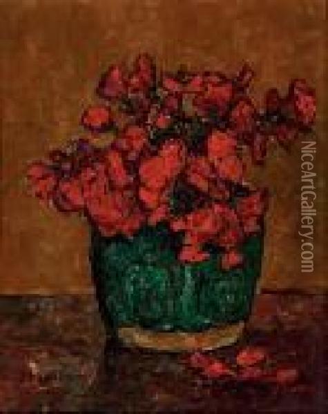A Still Life With Red Flowers In A Green Vase Oil Painting - Jan Adam Zandleven