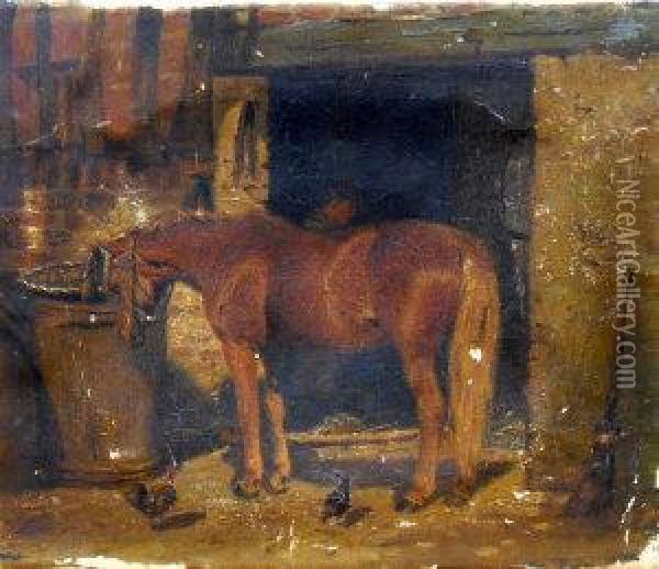 Chestnut Hunter At The Farrier Oil Painting - Louis Townsendact