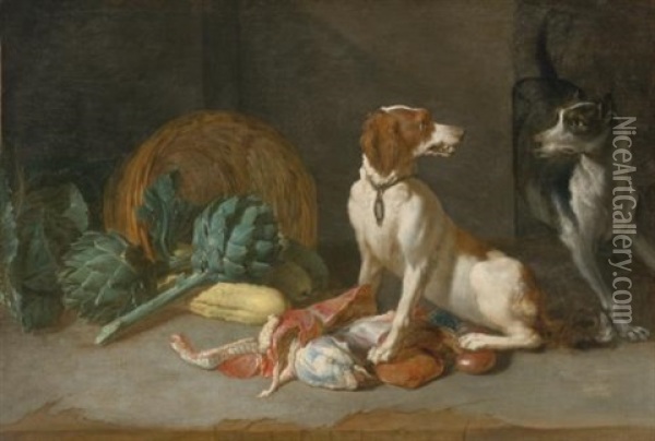 Two Hounds With A Still Life Of Entrails, Artichokes, Lettuce, Squash And A Woven Basket Oil Painting - Pieter Van Boucle