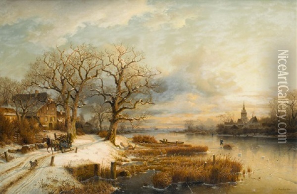 A Winter Landscape With Frozen River Oil Painting - Johannes Bartholomaeus Duntze