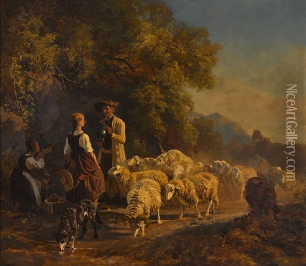 Schafer Und Zwei Bauernmadchen An Einer Waldquelle Oil Painting - Robert Eberle