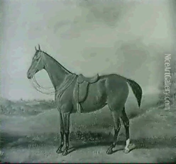 A Saddled Bay Hunter In A Landscape & A Companionpiece Oil Painting - Reuben Chappell