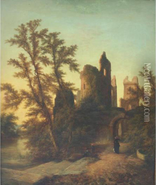 Figures By A River Near A Ruined Castle Oil Painting - Walter Williams