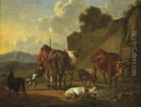 A Herdsman With His Cattle Resting Near A Stream Oil Painting - Karel Dujardin