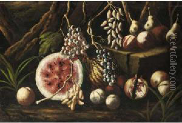 A Still Life With Watermelons, Grapes, Pears And Peaches Oil Painting - Giovanni Battista Ruoppolo