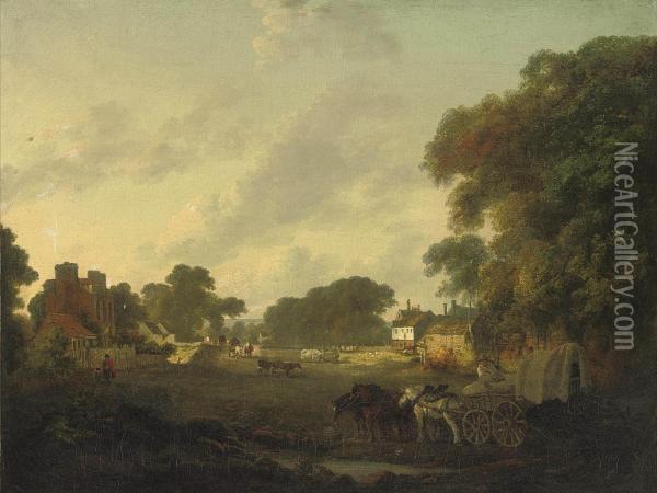 A Rural Landscape With Villagers In Horse-drawn Carts And Farmanimals Oil Painting - Julius Caesar Ibbetson