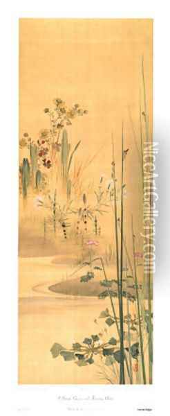 Stream, Grasses and Flower Plants 2 Oil Painting - Shibata Zeshin