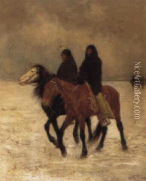 Indians On Horseback In A Winter Landscape Oil Painting - Gaspard Latoix