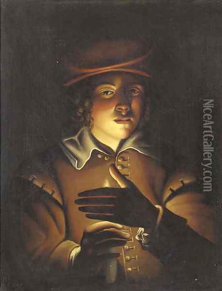 A boy holding a candle Oil Painting - English School