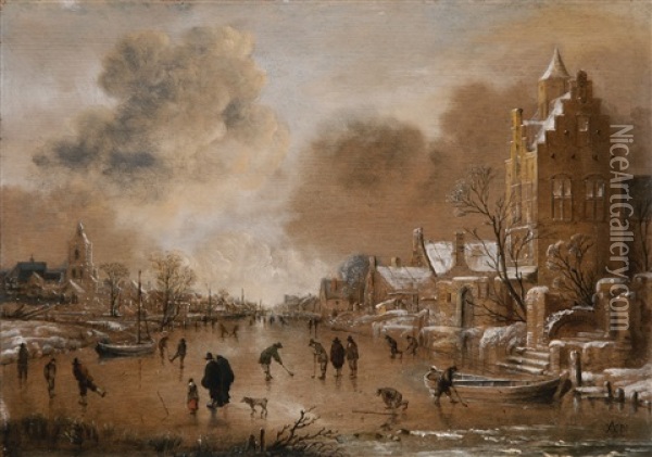 A Frozen Canal With Kolf Players And Buildings On Both Banks Oil Painting - Aert van der Neer