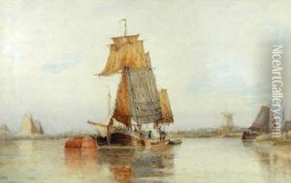 Shippingon The Norfolk Broads Oil Painting - Frederick James Aldridge
