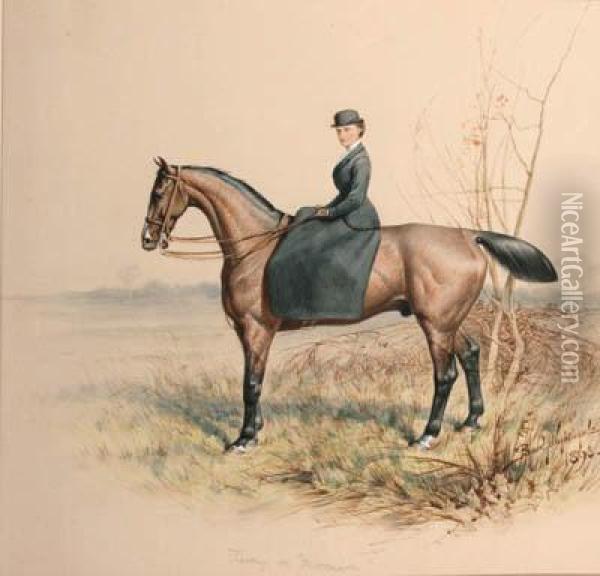 A Lady Riding A Bay Hunter Side Saddle Oil Painting - Basil Nightingale