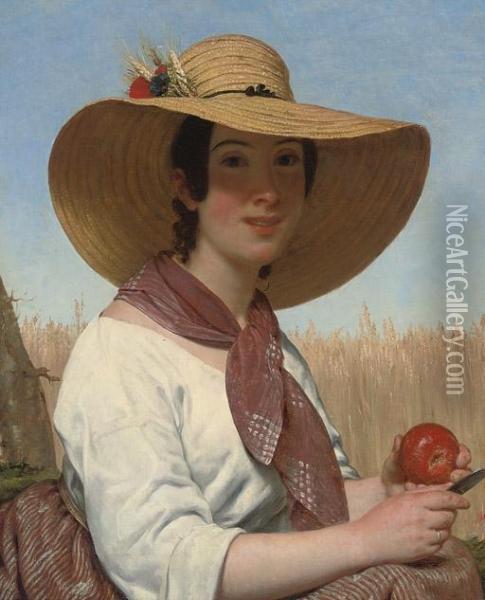 Girl In A Straw Hat Oil Painting - Alphonse Lavauden Lavaudan