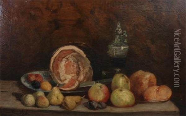 Still Life, Fruit, Melon, Apples, Pear And A Knife On A Ledge Oil Painting - Marinus Heijl