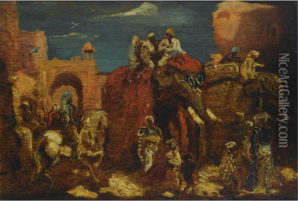A Parade Of Elephants Oil Painting - Marius Bauer