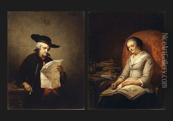Portrait Of A Man Reading (+ Portrait Of A Woman Reading; Pair) Oil Painting - Eugene Francois De Block