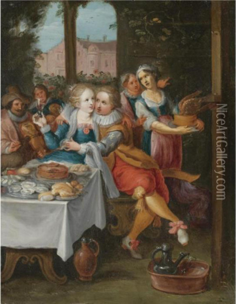 An Elegant Company Feasting With A Courting Couple Oil Painting - Frans II Francken