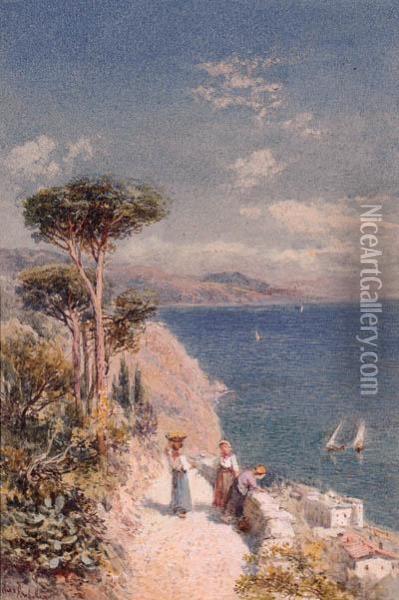 Figures On A Cliff Path, Near Positano, Bay Of Naples Oil Painting - Charles Rowbotham