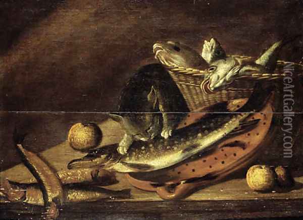 A cat eating from a haddock on an earthenware strainer on a table Oil Painting - Johannes Kuveenis I