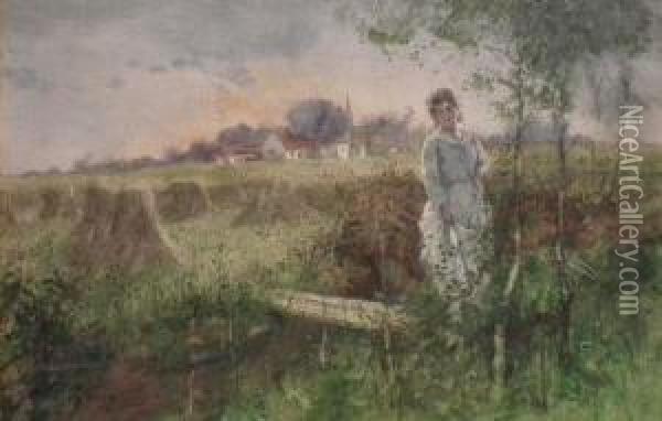 River Landscape With Woman To Foregroundstanding By A Small Bridge Oil Painting - Hutton Mitchell